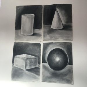 Charcoal Set of 4, Still Life Objects Drawings